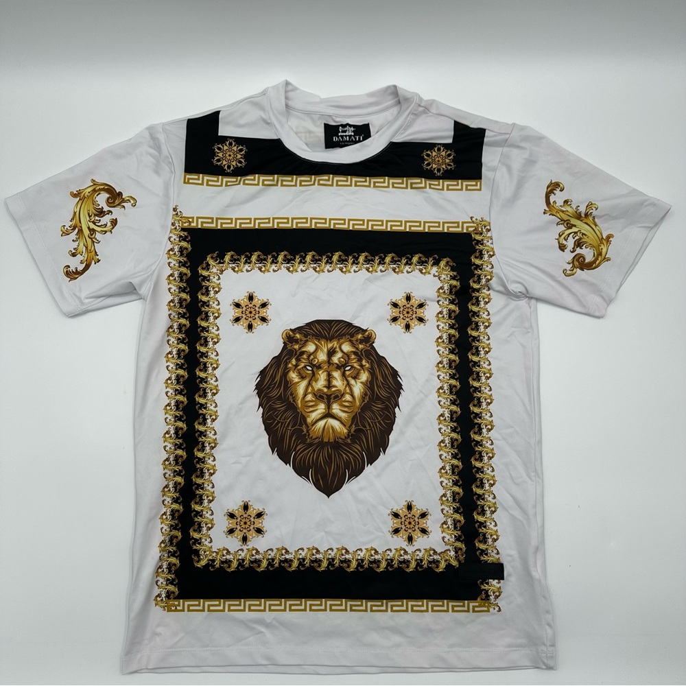 Damati Los Angeles Lion‎ Shirt Mens Small White Gold Black Polyester Viscose